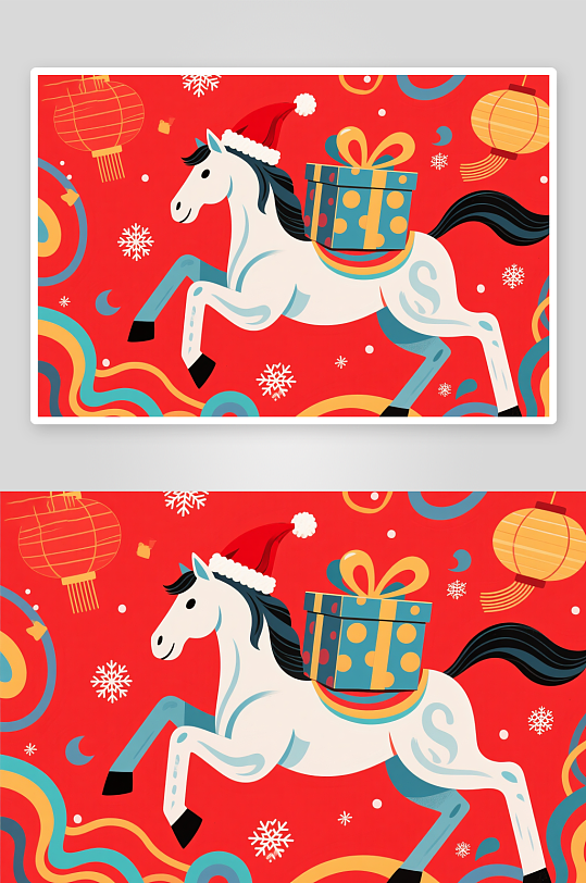 马年圣诞节元旦节圣诞老人双节同庆插画-众图网