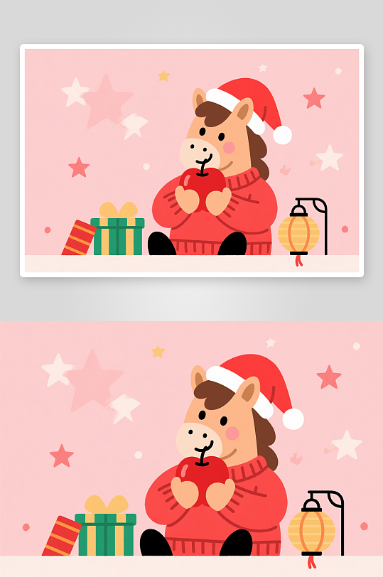 马年圣诞节元旦节圣诞老人双节同庆插画-众图网