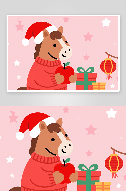 马年圣诞节元旦节圣诞老人双节同庆插画-众图网