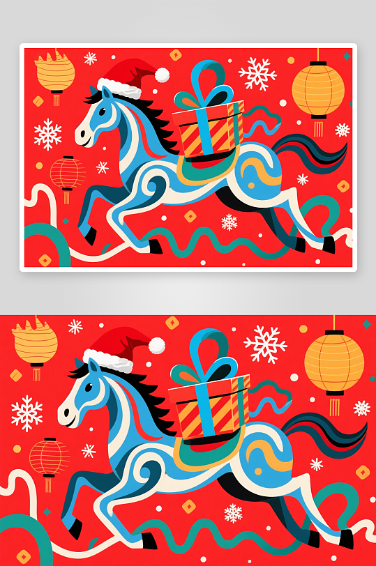 马年圣诞节元旦节圣诞老人双节同庆插画-众图网