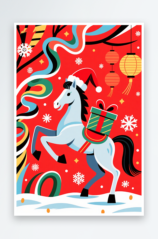 小马年圣诞节元旦节圣诞老人双节同庆插画-众图网