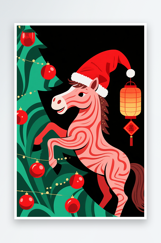 小马年圣诞节元旦节圣诞老人双节同庆插画-众图网