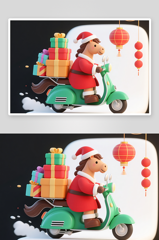 小马年圣诞节元旦节圣诞老人双节同庆插画-众图网