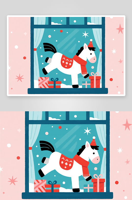 小马年圣诞节元旦节圣诞老人双节同庆插画-众图网