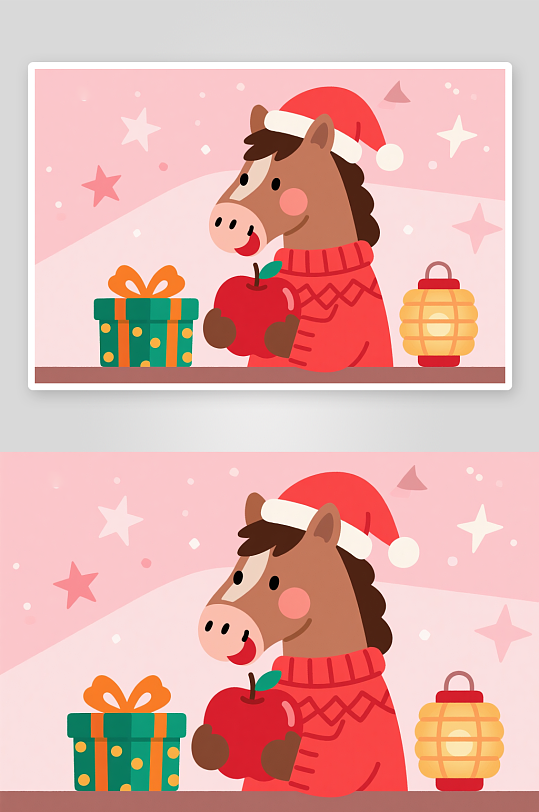 小马年圣诞节元旦节圣诞老人双节同庆插画-众图网