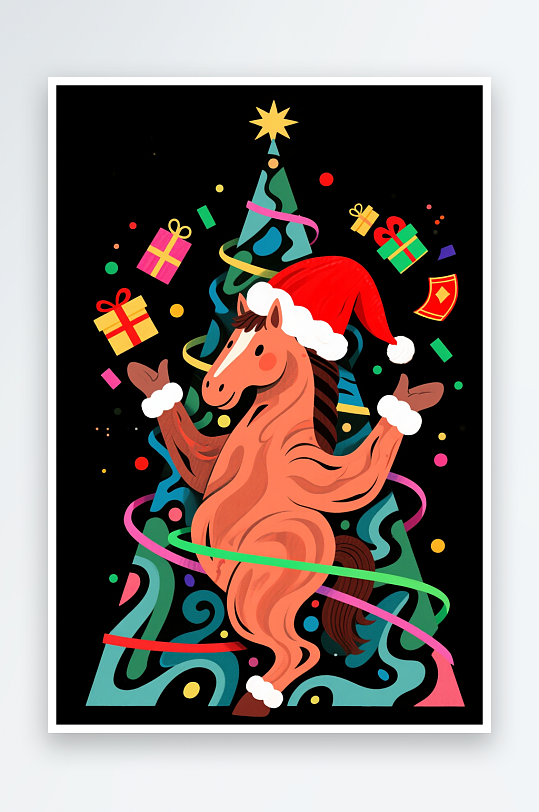 小马年圣诞节元旦节圣诞老人双节同庆插画-众图网