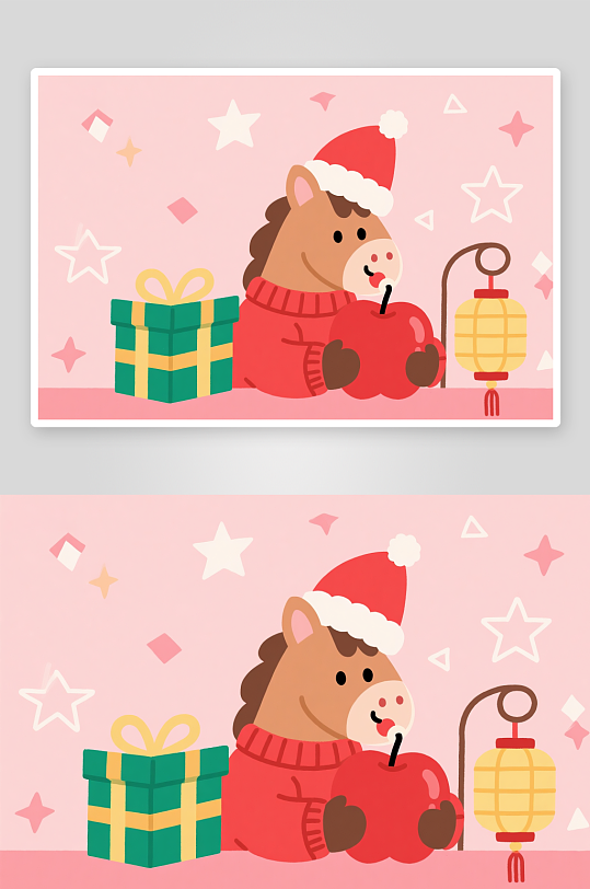 卡通马年圣诞节元旦节圣诞老人双节同庆插画-众图网