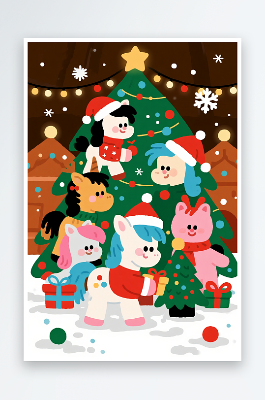 可爱马年圣诞节元旦节圣诞老人双节同庆插画-众图网