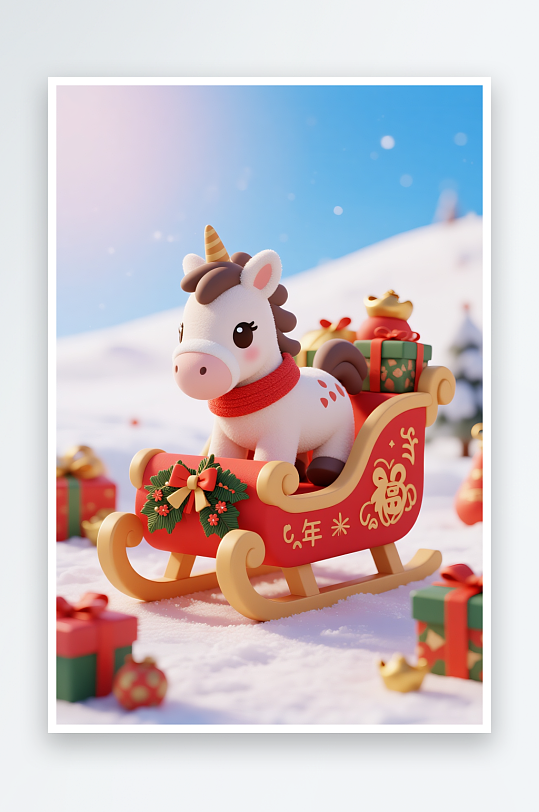 童话马年圣诞节元旦节圣诞老人双节同庆插画-众图网