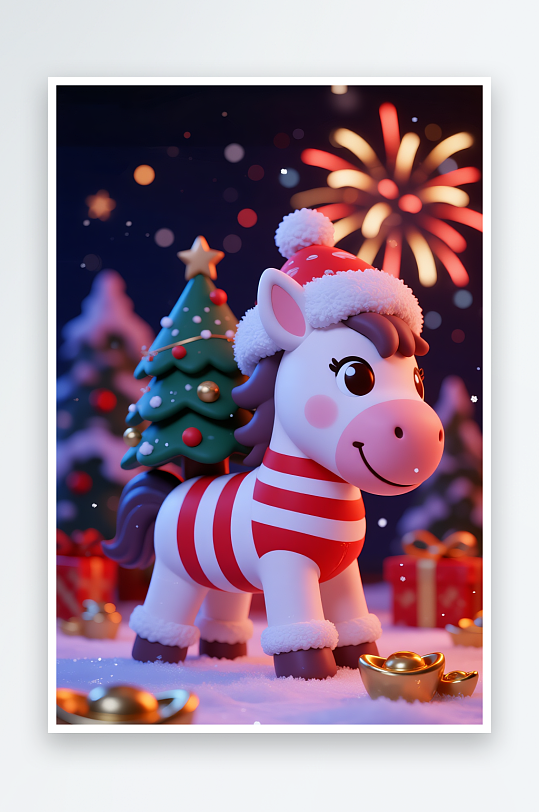 童话马年圣诞节元旦节圣诞老人双节同庆插画-众图网