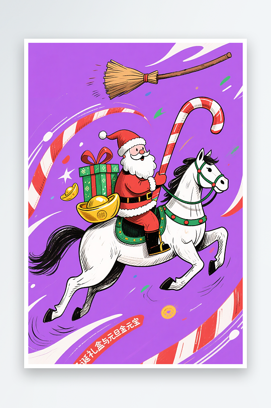 童话马年圣诞节元旦节圣诞老人双节同庆插画-众图网