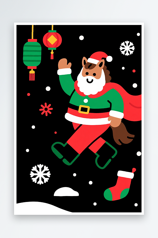 童话马年圣诞节元旦节圣诞老人双节同庆插画-众图网