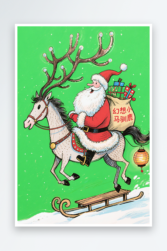 创意马年圣诞节元旦节圣诞老人双节同庆插画-众图网