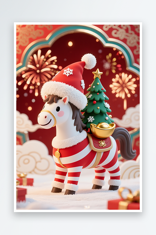 创意马年圣诞节元旦节圣诞老人双节同庆插画-众图网