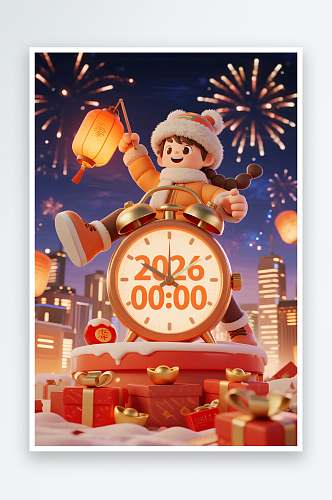 跨越0点日历闹钟元旦节跨年新年创意插画