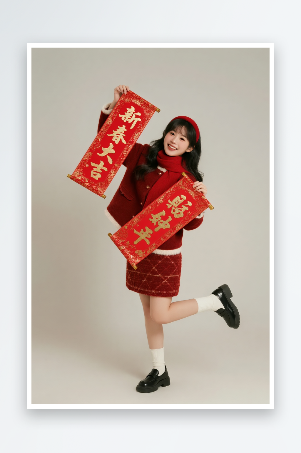 年轻人新年福字春联拿对联人物摄影图素材