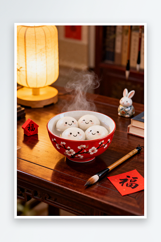 新年红色元宵节汤圆场景摄影图