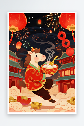 对联鞭炮马年元宵节白色汤圆插画