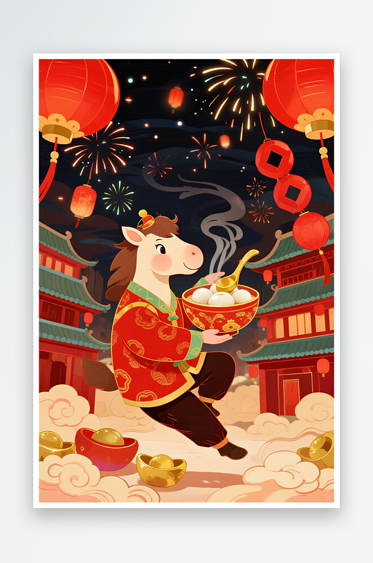 对联鞭炮马年元宵节白色汤圆插画-众图网