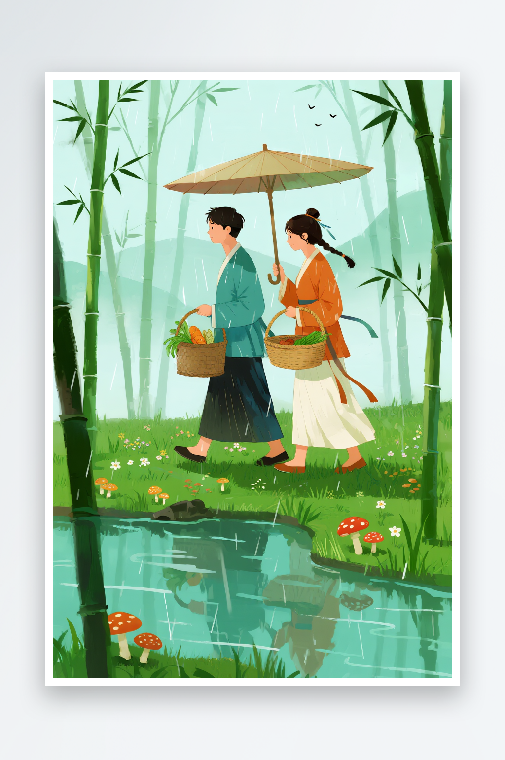 小女孩坐荷叶上雨水节气春雨下雨卡通插画素材