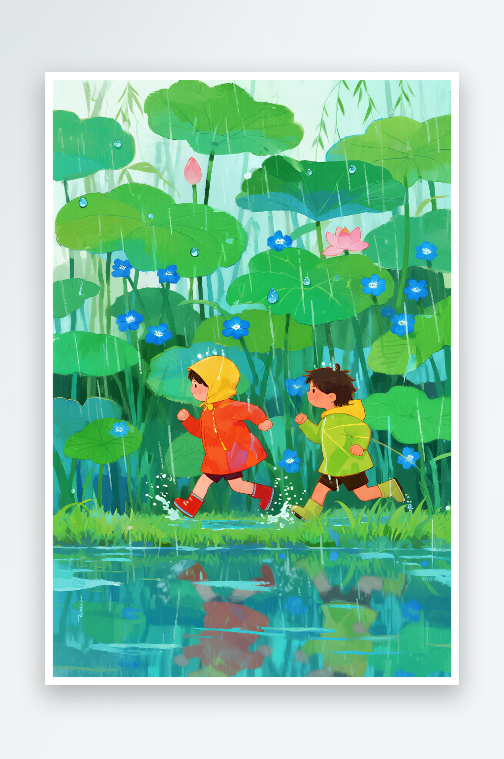小女孩树叶下躲雨雨水节气春雨下雨卡通插画素材