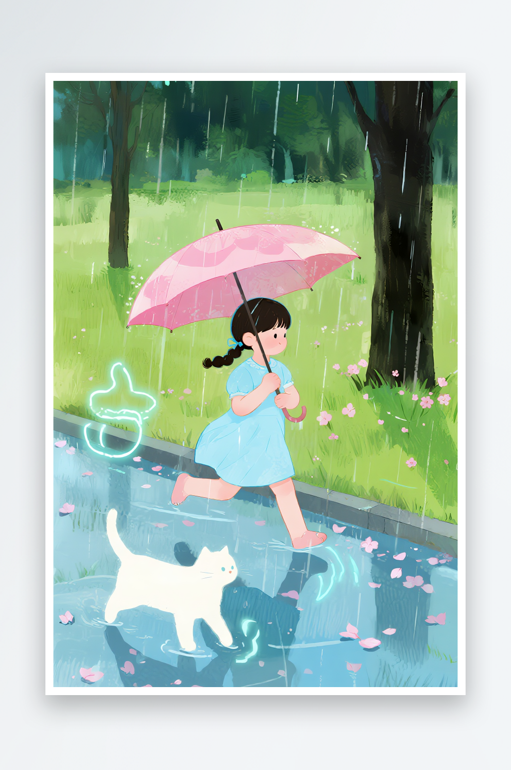 小女孩树叶下躲雨雨水节气春雨下雨卡通插画素材