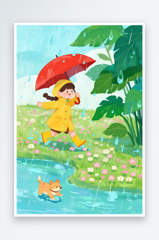 男孩举着大荷叶伞雨水节气春雨下雨卡通插画-众图网