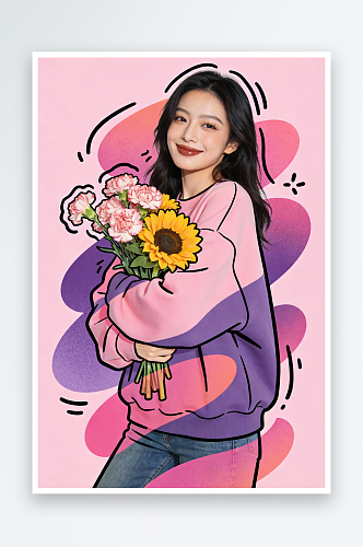 漫画贴纸创意拼贴风妇女节女生摄影图