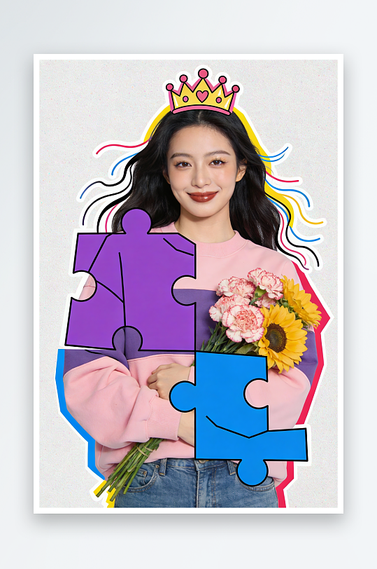 民国美女贴纸创意拼贴风妇女节女生摄影图-众图网