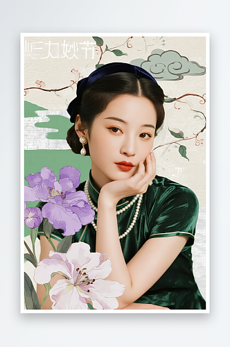 民国美女贴纸创意拼贴风妇女节女生摄影图