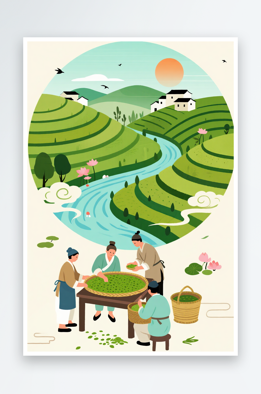 采茶女春茶采茶叶茶文化人物插画素材