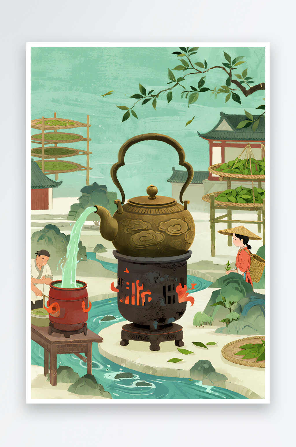 扁平风采茶女春茶采茶叶茶文化人物插画素材
