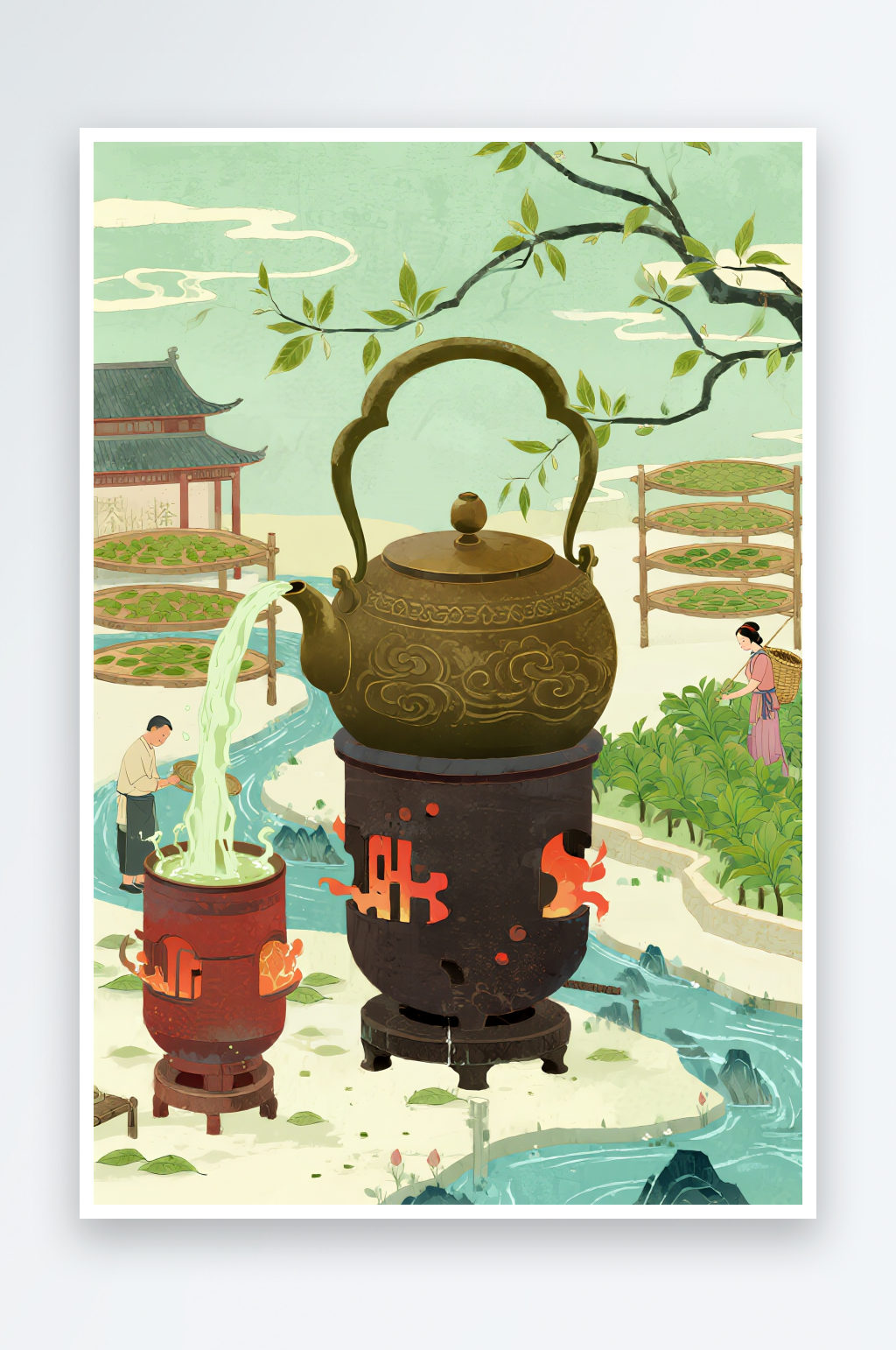 扁平风茶叶步骤春茶采茶叶茶文化人物插画素材
