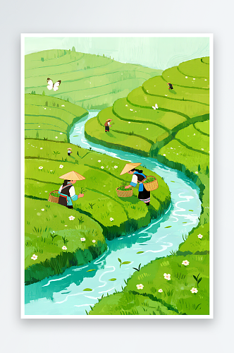 娇嫩茶芽春茶采茶叶茶文化人物插画