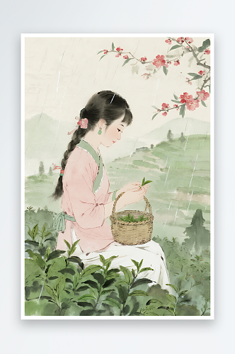 娇嫩茶芽春茶采茶叶茶文化人物插画