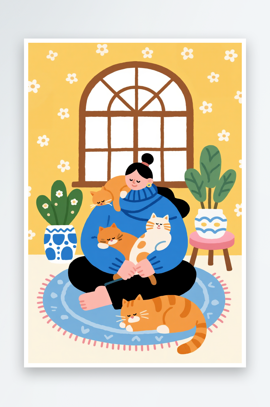 扁平化居家人物宠物插画素材