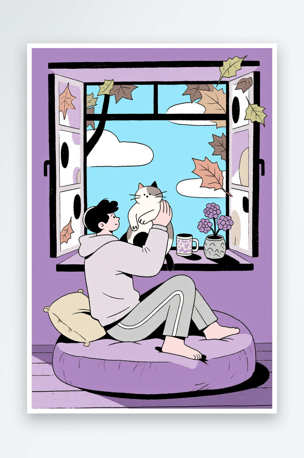 可爱宠物扁平化居家人物宠物插画素材