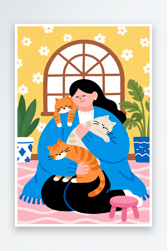 葛优瘫猫猫扁平化居家人物宠物插画-众图网