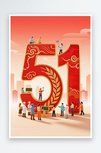 五一劳动节51立体模型插画