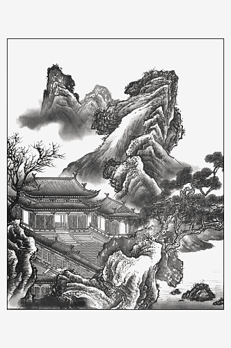 中式水墨画黑白山水花鸟装饰画背景