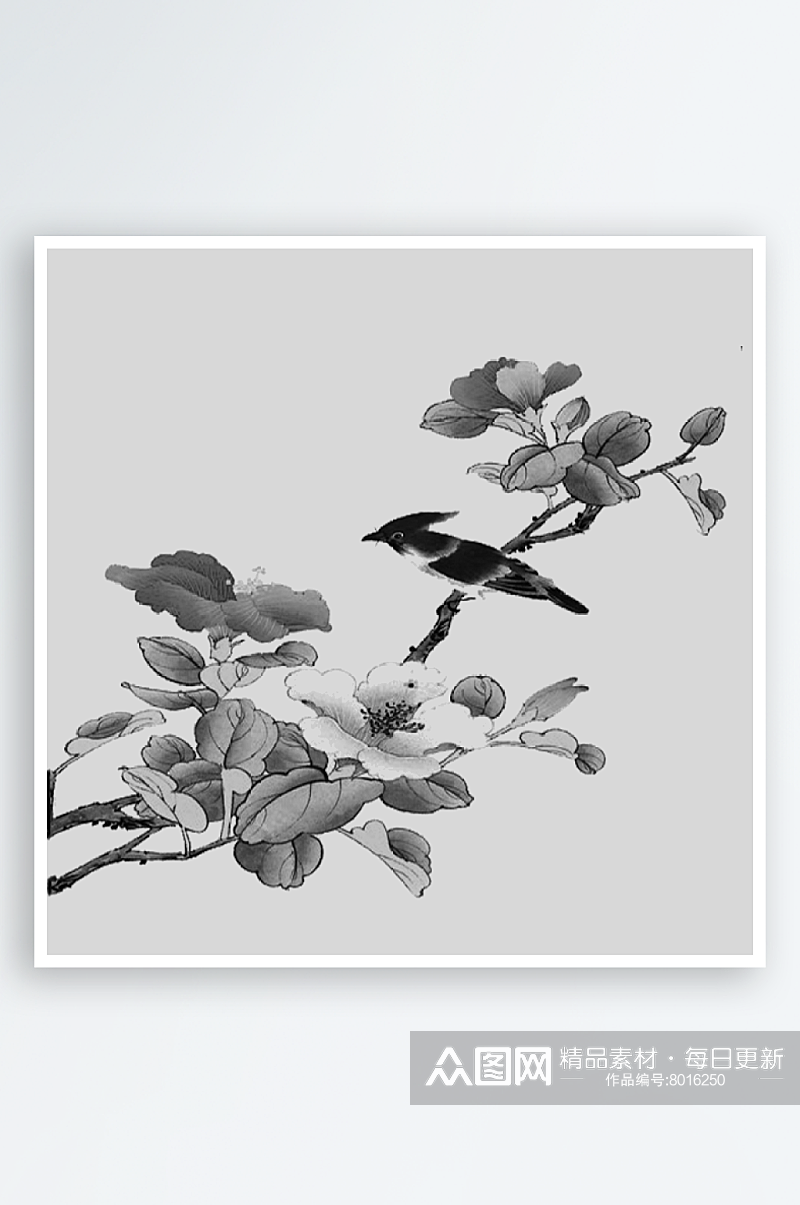 中式水墨画黑白山水花鸟装饰画背景素材