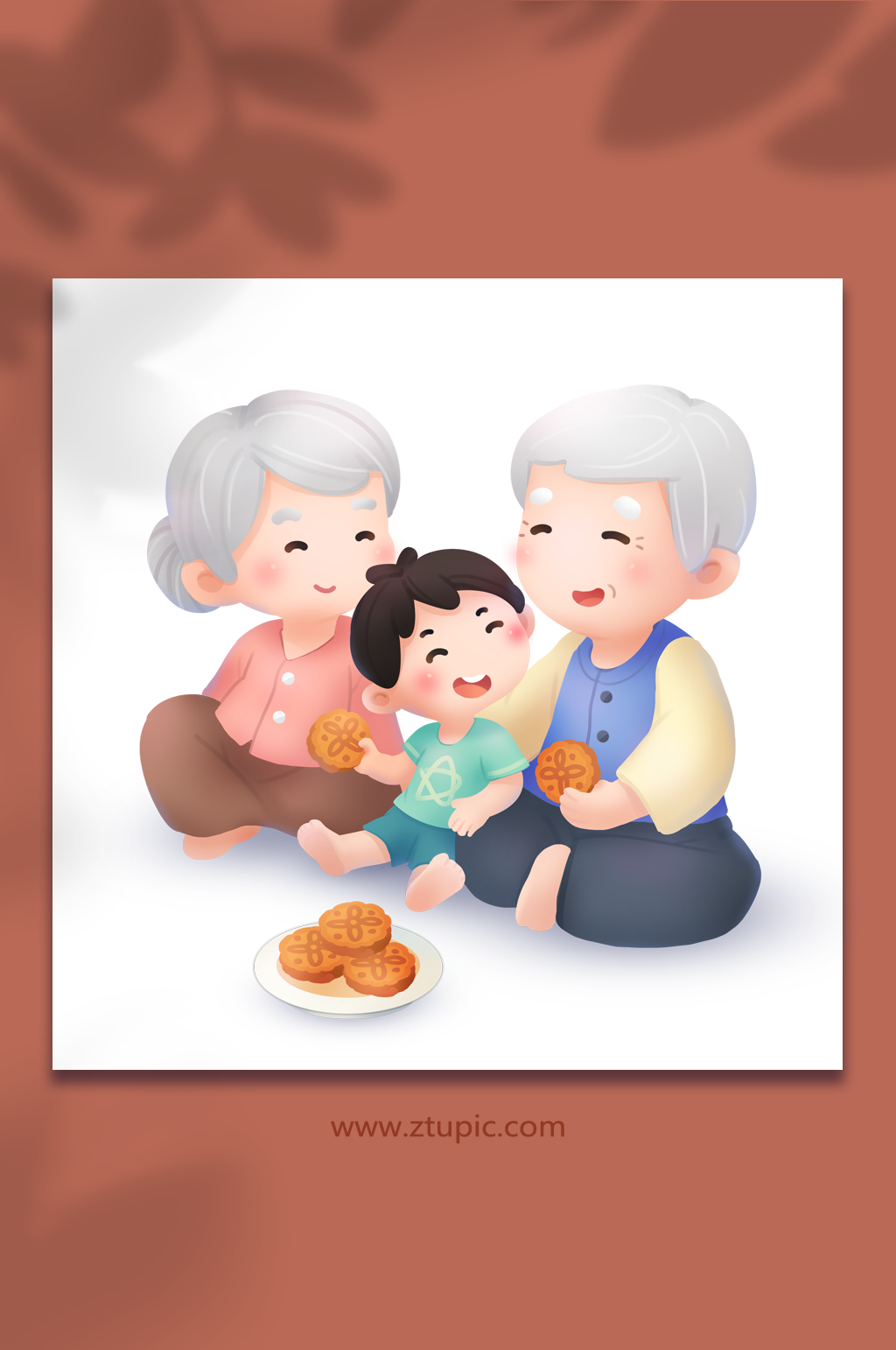 中秋节爷孙赏月吃月饼原创插画素材