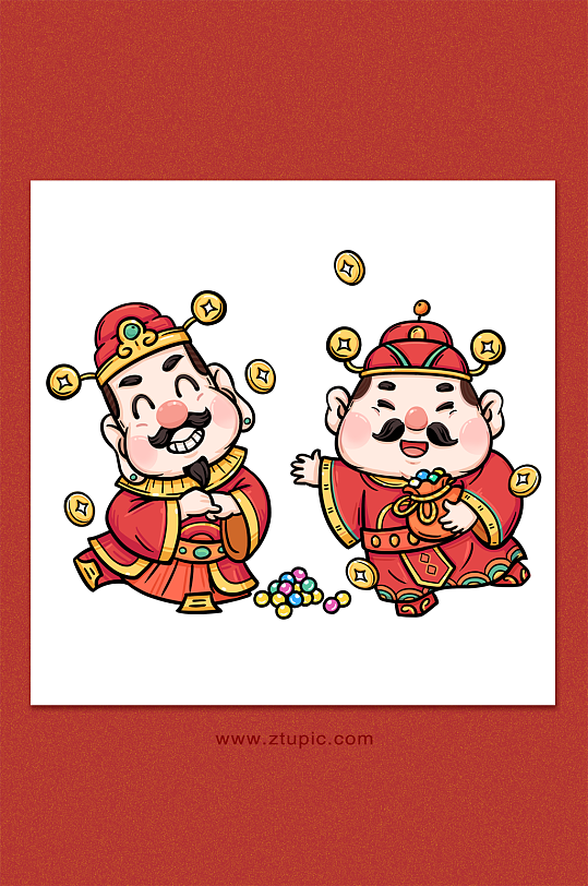 虎年国潮风红色喜庆双财神手绘节日插画