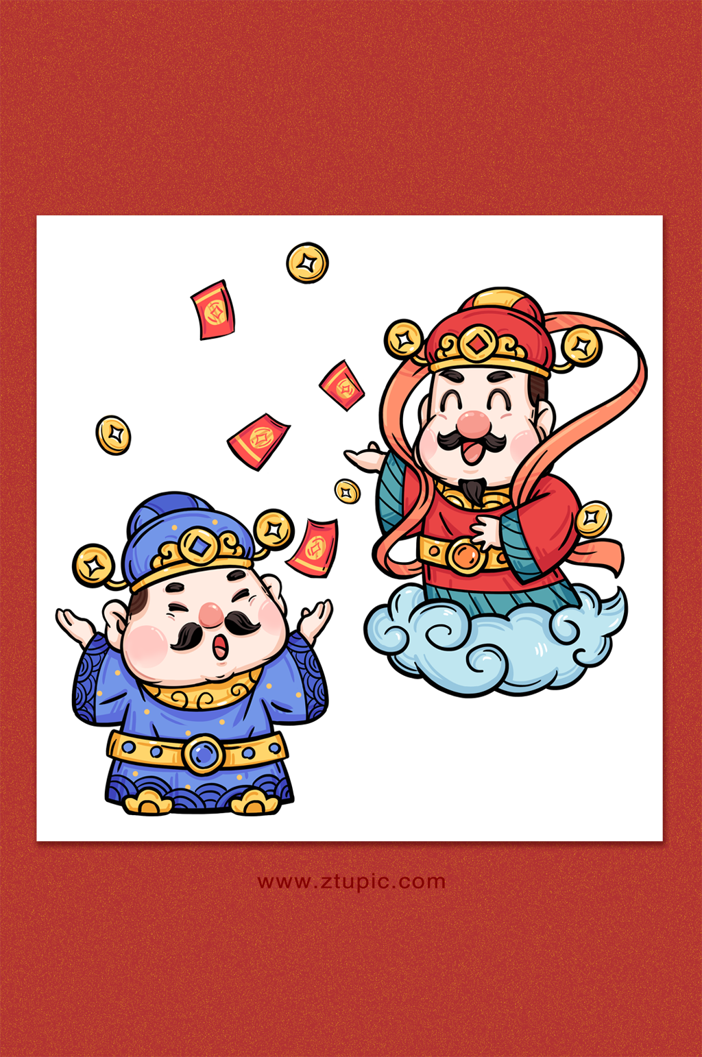 虎年国潮风天降元宝财神手绘节日插画素材