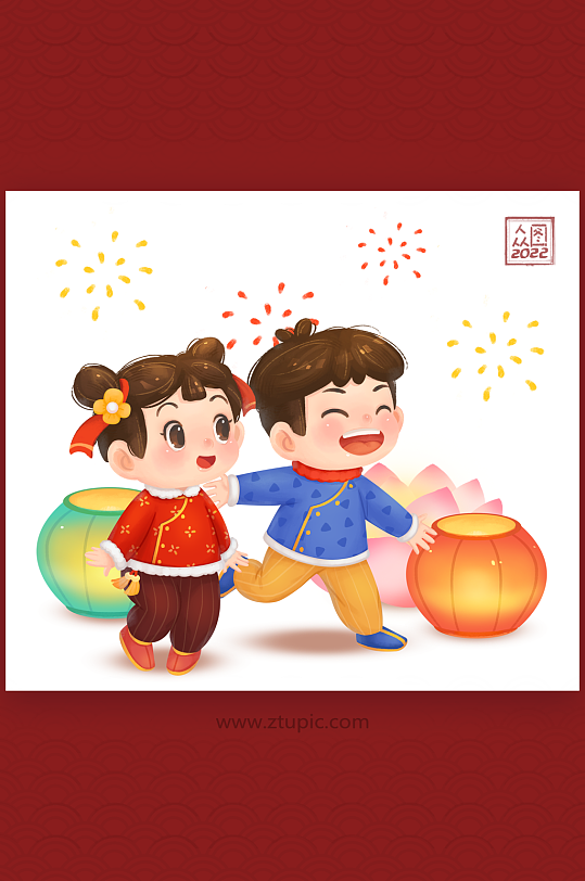 2022原创手绘春节元宵节汤花灯插画-众图网