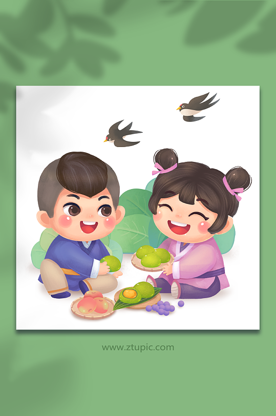 春季清明节踏青青团插画