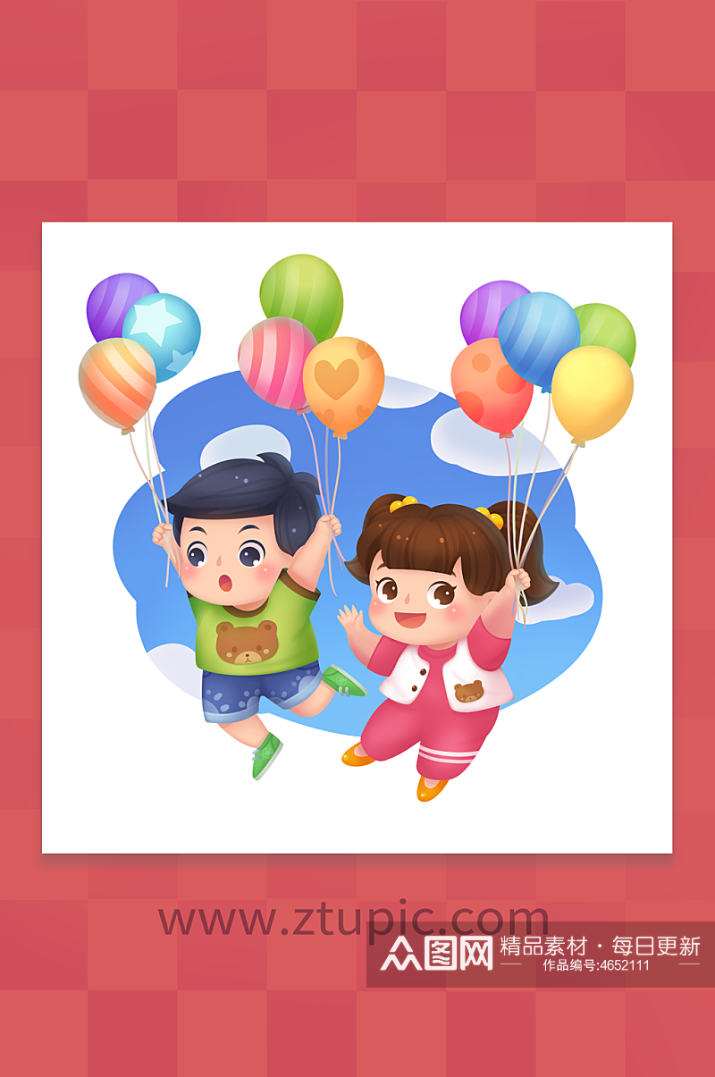 飞翔缤纷气球儿童节人物插画素材