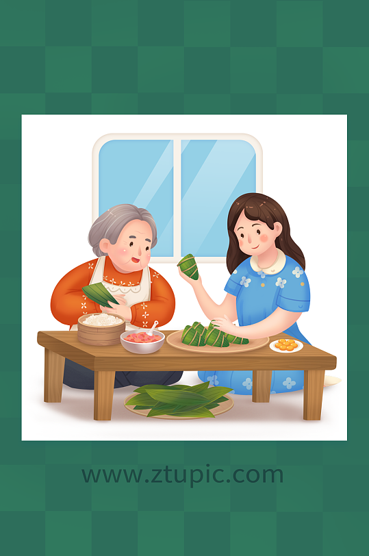家庭老人包粽子端午節(jié)人物插畫