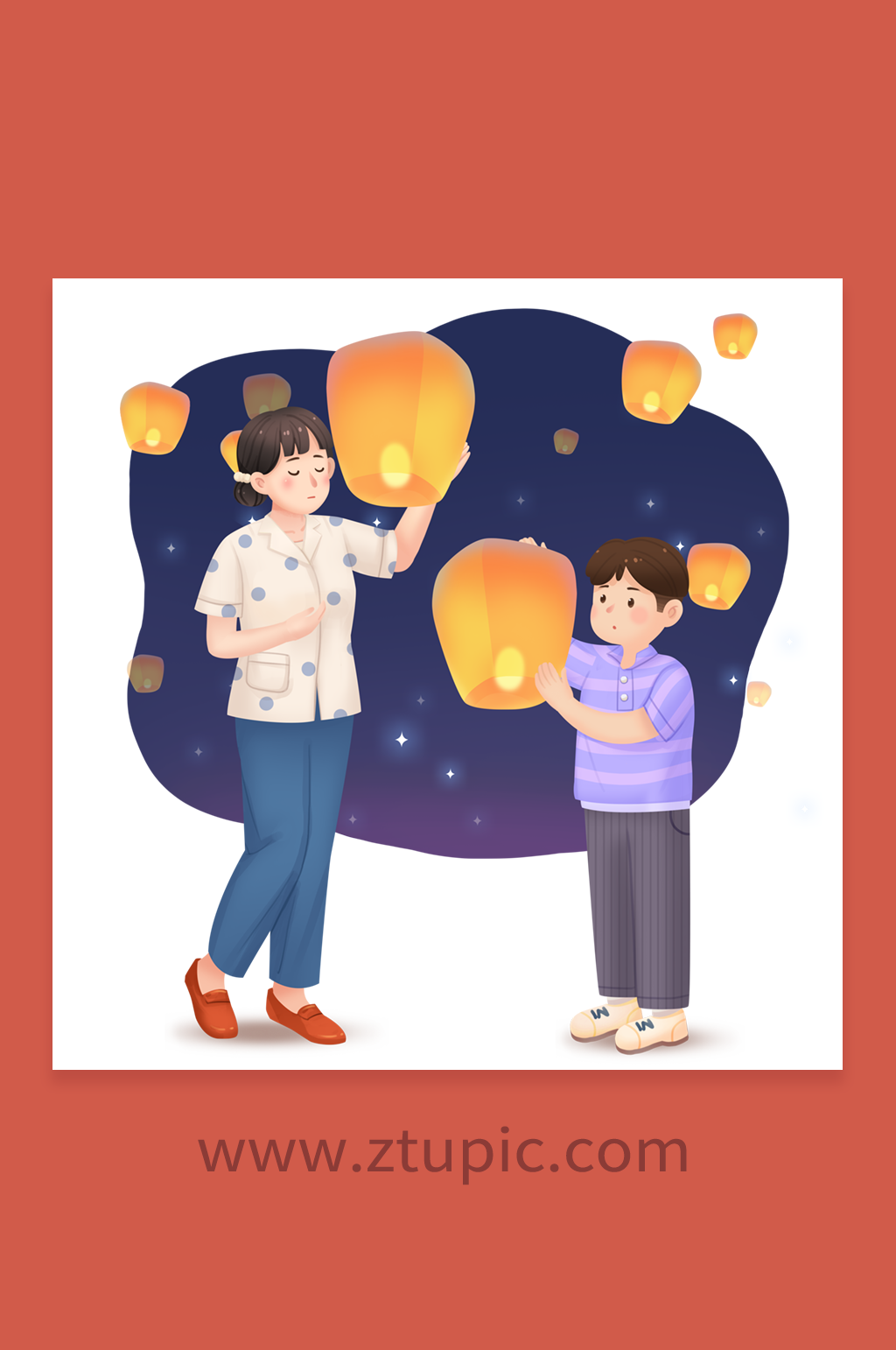 孔明灯中元节人物插画素材