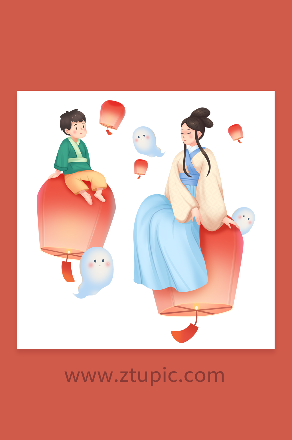 纪念仙人孔明灯中元节人物插画素材